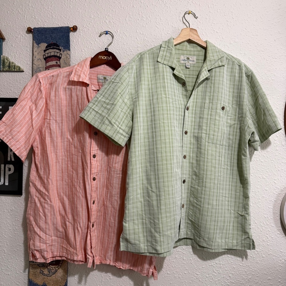 Lot 2 bundle Island Shores Mens L short sleeve Linen‎ Blend Shirts plaid stripes - Picture 6 of 7